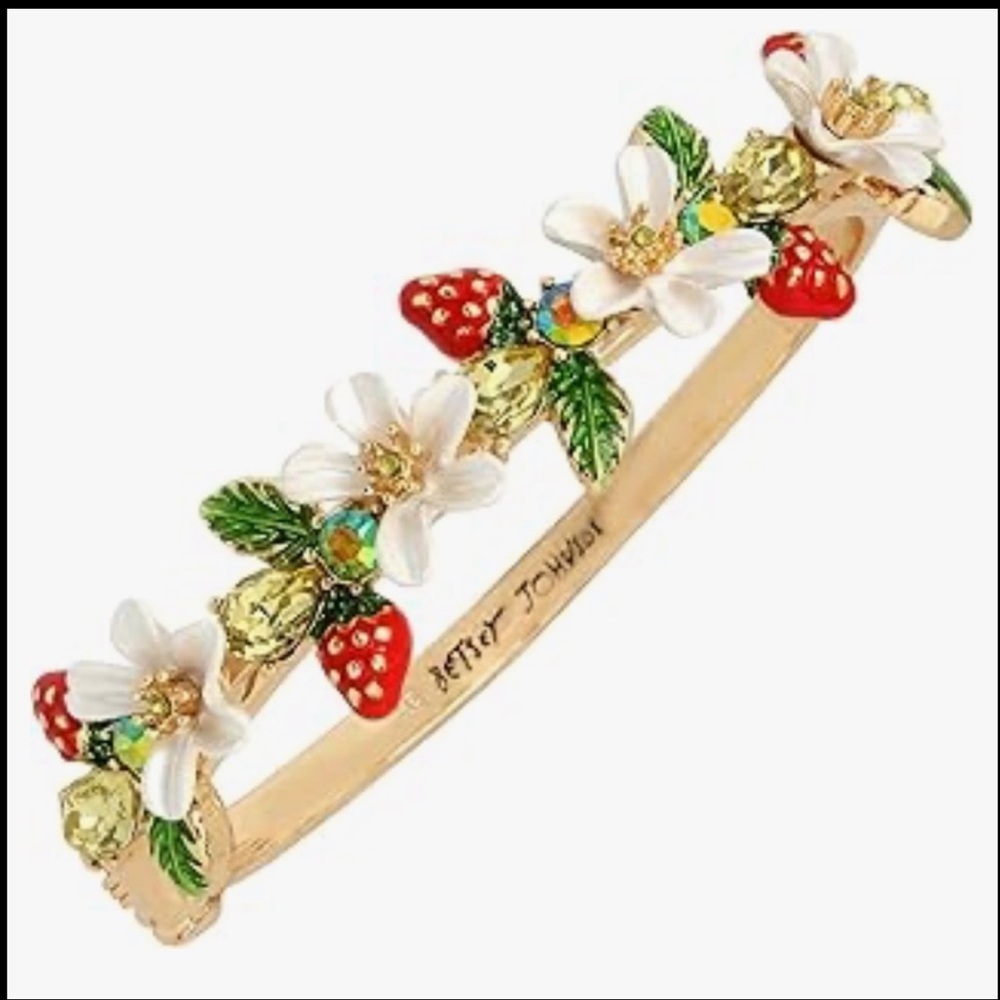 Betsey Johnson Gold Floral Strawberry Bangle with White Flowers and Green Leaves